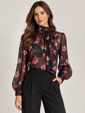 Saks Fifth Avenue Black Blouse with Pink Rose Floral Print
